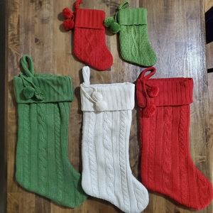 ●SOLD● Set of 5 Red / Ivory Cream / Green Cable Knit Christmas Stockings